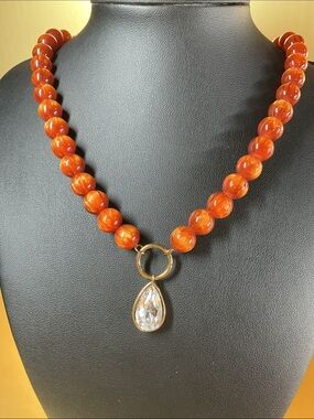 Mayamar Amber Color Bead Necklace with Teardrop Crystal Pendant